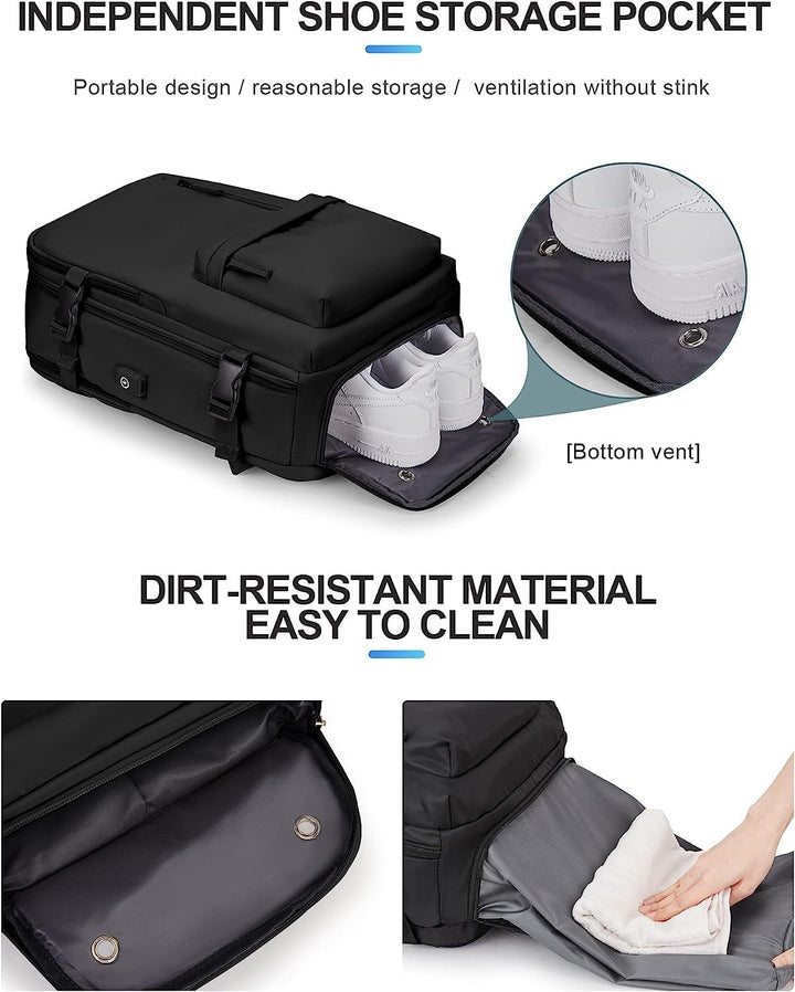 Rugged waterproof travel backpack to protect your gear. Features shoe pocket, USB charging, & anti-theft measures.