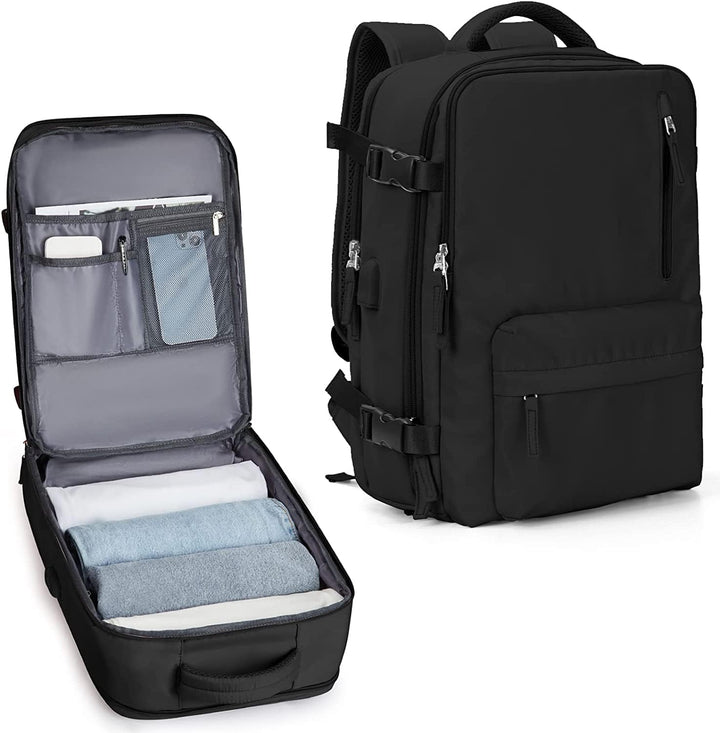 Anti-theft waterproof travel backpack ensures security. Fits 14" laptop, has USB port & convenient shoe storage.