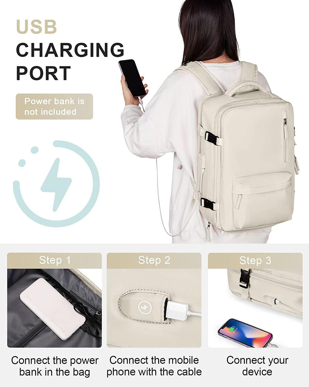 Front view of a sleek unisex waterproof travel backpack with shoe storage and USB port, perfect for any journey.