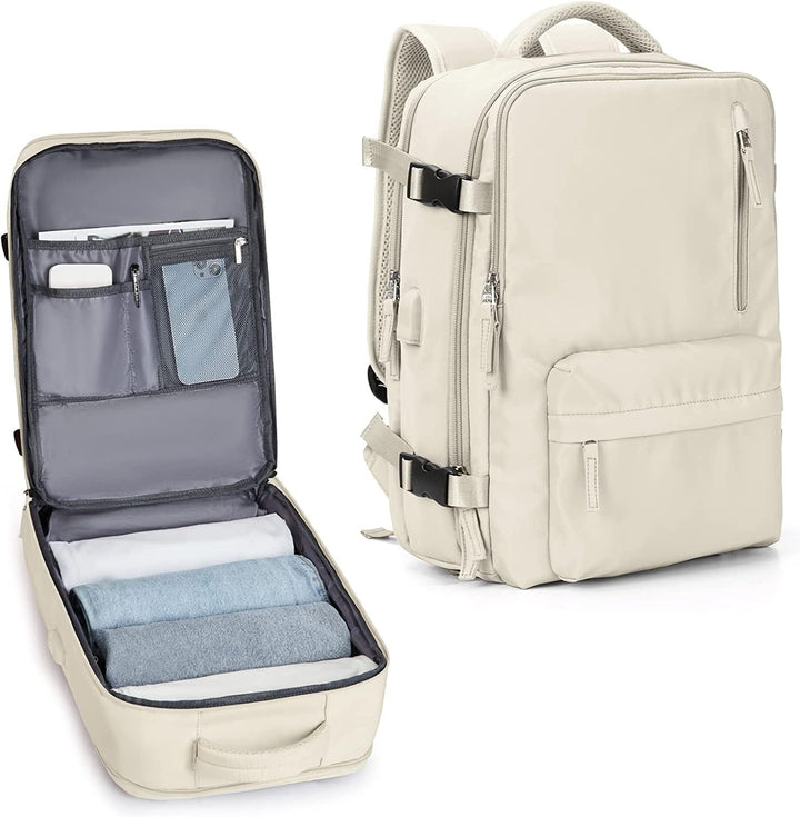 Unisex waterproof travel backpack with shoe compartment, USB port & laptop sleeve for organized trips.
