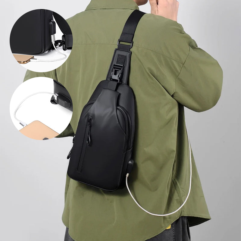 Front zipper pocket of the waterproof sling bag, ideal for quick-access items.