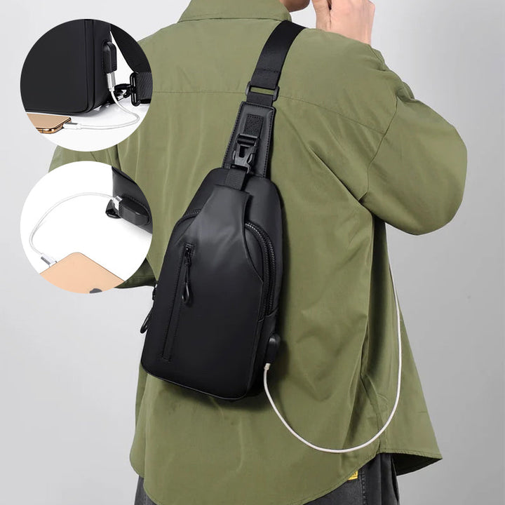 Front zipper pocket of the waterproof sling bag, ideal for quick-access items.