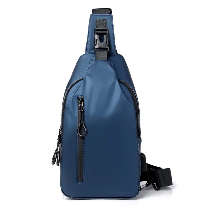 Detail of the adjustable, padded strap on the unisex travel shoulder bag for comfort.