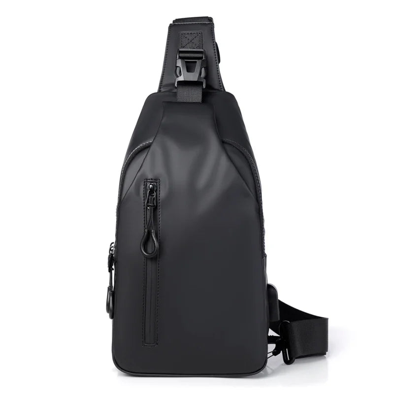 Unisex waterproof sling bag holding a tablet, phone, and power bank in organized sections.