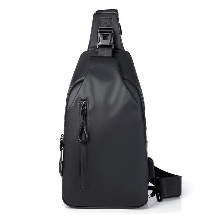Unisex waterproof sling bag holding a tablet, phone, and power bank in organized sections.