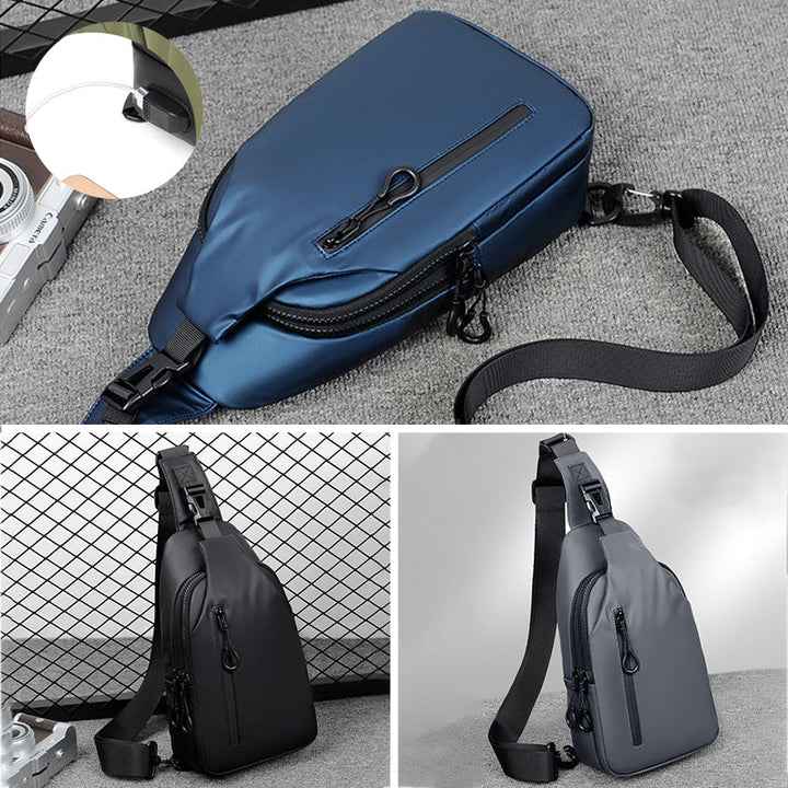 Side view of unisex waterproof USB charging sling bag, highlighting its slim profile and durable material.