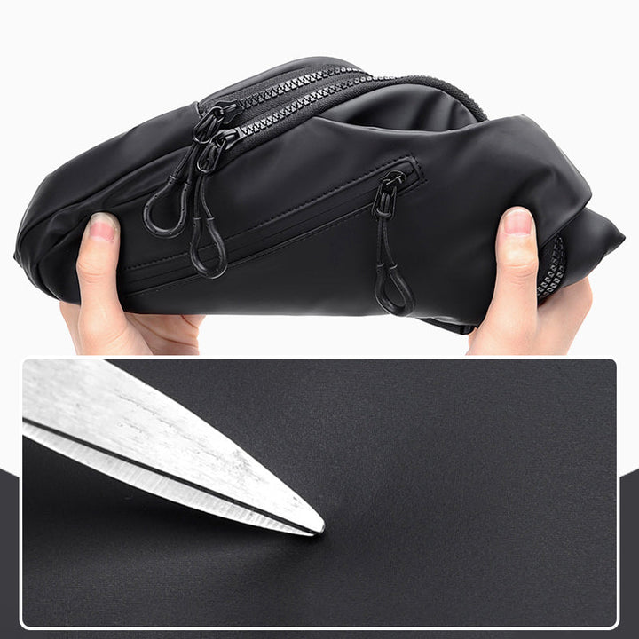 Stylish waterproof chest bag for travel, featuring multiple compartments and a secure zipper.