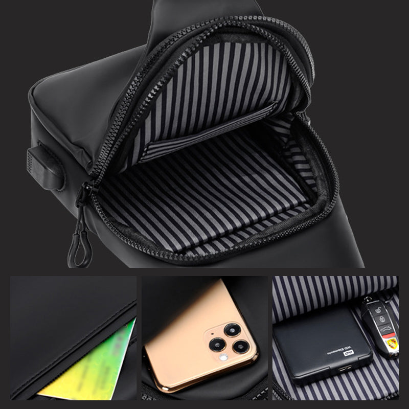 Detail of the durable, water-resistant fabric of the black travel sling bag.