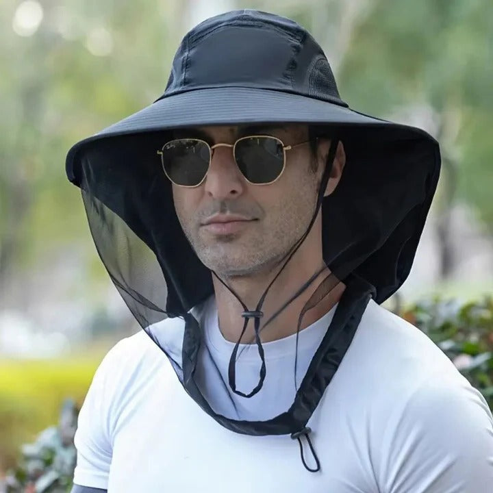 Unisex wide brim sun hat with UV protection, neck flap, & face cover for outdoor activities.