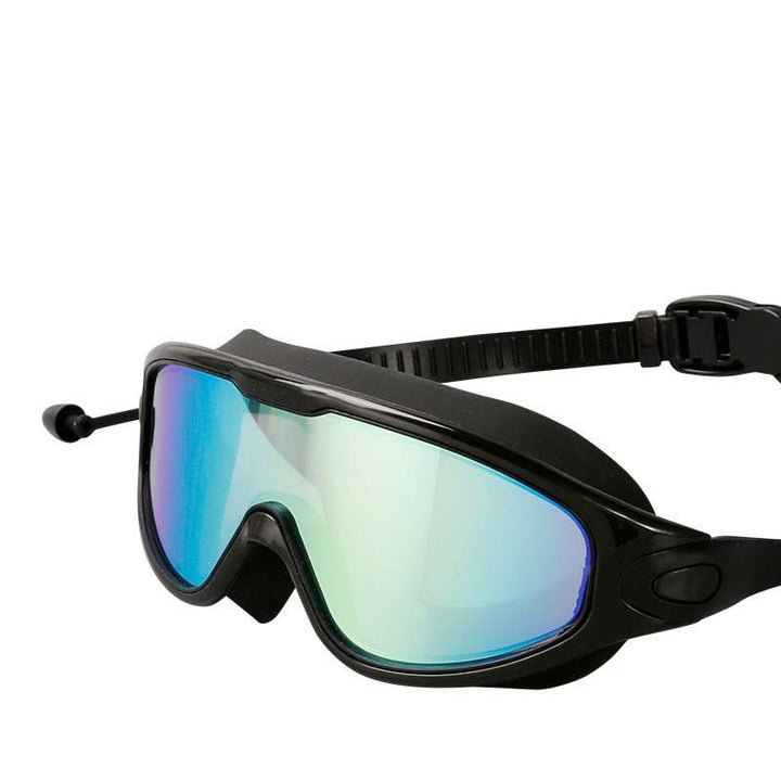 Unisex anti-fog wide view swimming goggles, black, with comfortable silicone strap for long wear.