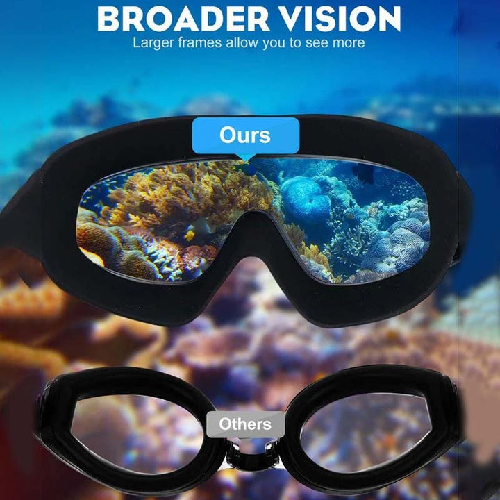 Ergonomic silicone swimming goggles with wide view lenses and anti-fog technology for men and women.