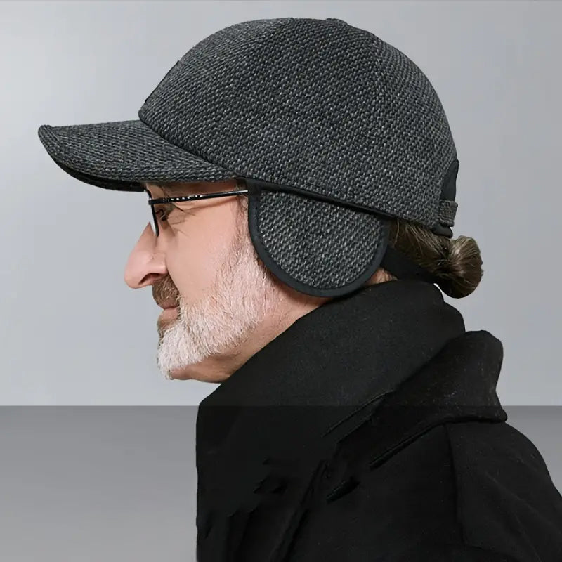 Unisex winter baseball cap with folded ear flaps, front view, charcoal grey wool blend, warm outdoor hat