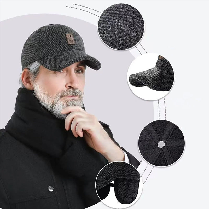 Flat lay of a unisex winter baseball cap, dark green, highlighting soft ear muffs, cozy cold weather gear