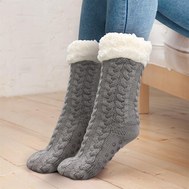 Unisex winter fleece-lined slipper socks, beige, anti-slip sole, cozy home wear for warmth & comfort.