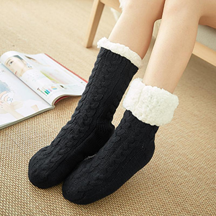 Luxury unisex fleece-lined slipper socks, cream, anti-slip grip, essential winter comfort.