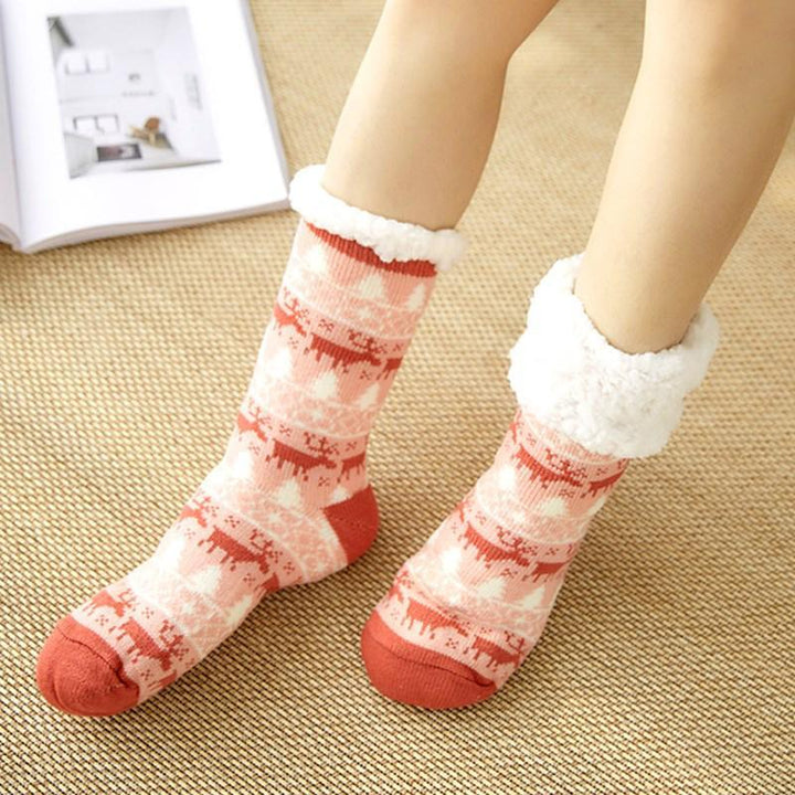 Brown unisex winter slipper socks with thick fleece lining, non-slip, perfect for cold evenings.