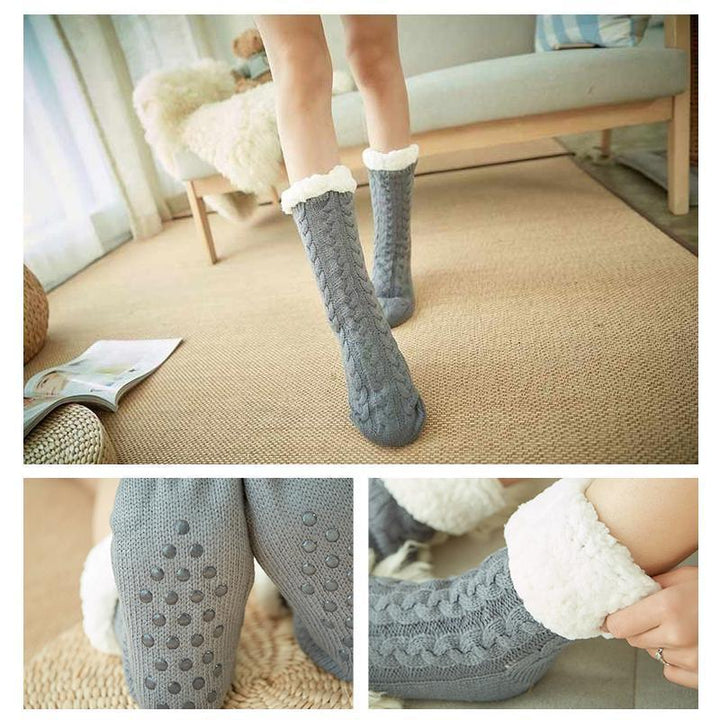 Plush unisex winter slipper socks, blue, fleece interior, grippy sole for safety indoors.