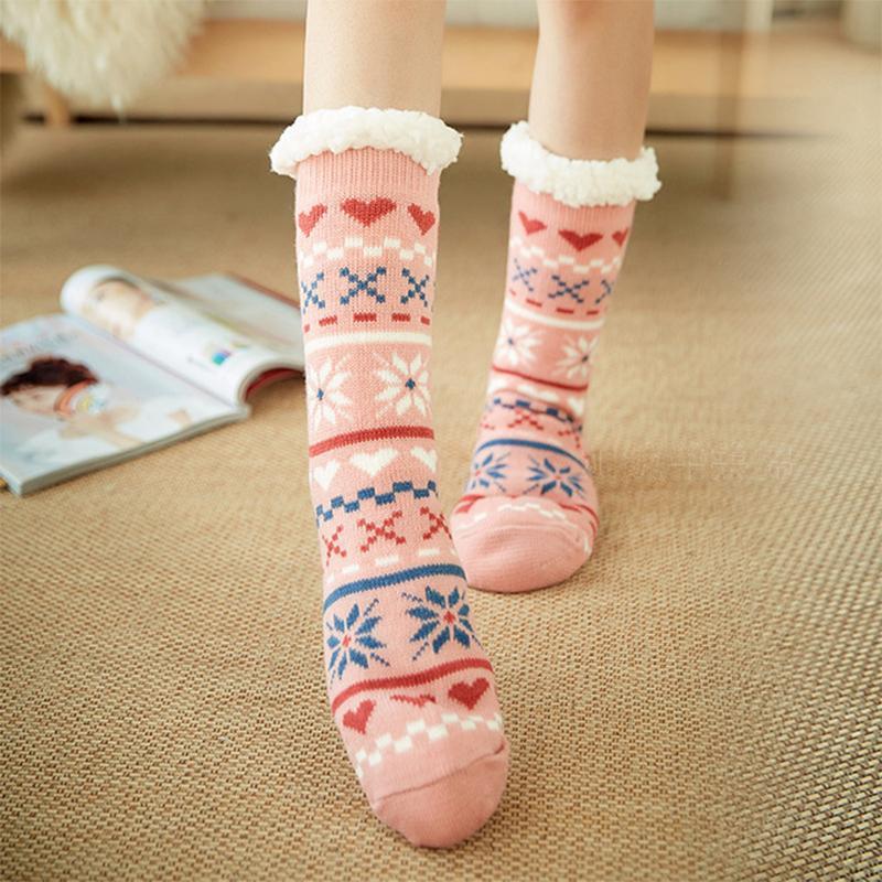 Stylish unisex winter fleece-lined slipper socks, striped, anti-slip, great for relaxation.
