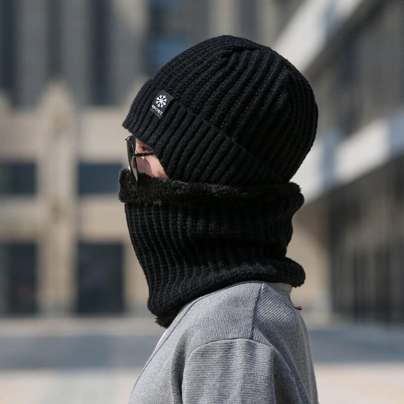 Cold weather essential: a durable knit beanie hat and scarf set with comfy fleece lining