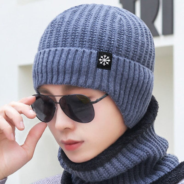 Knitted beanie hat and scarf combo for winter, showcasing the soft texture and fleece interior
