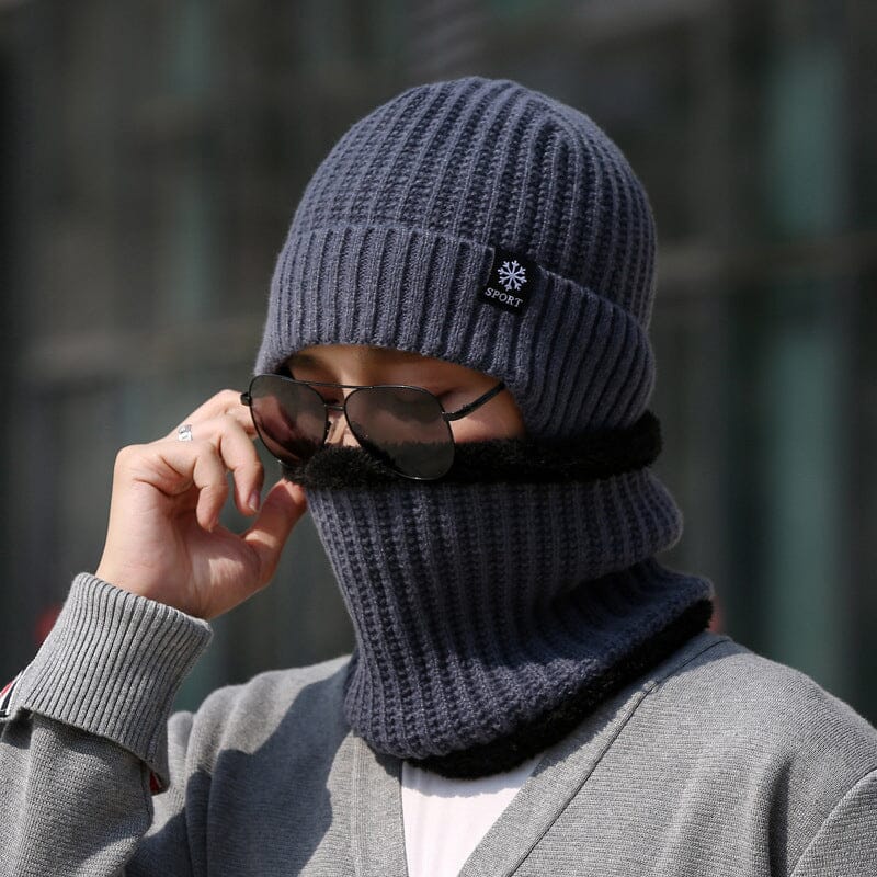 Model wearing a unisex winter knit beanie hat and scarf set, ideal for cold weather
