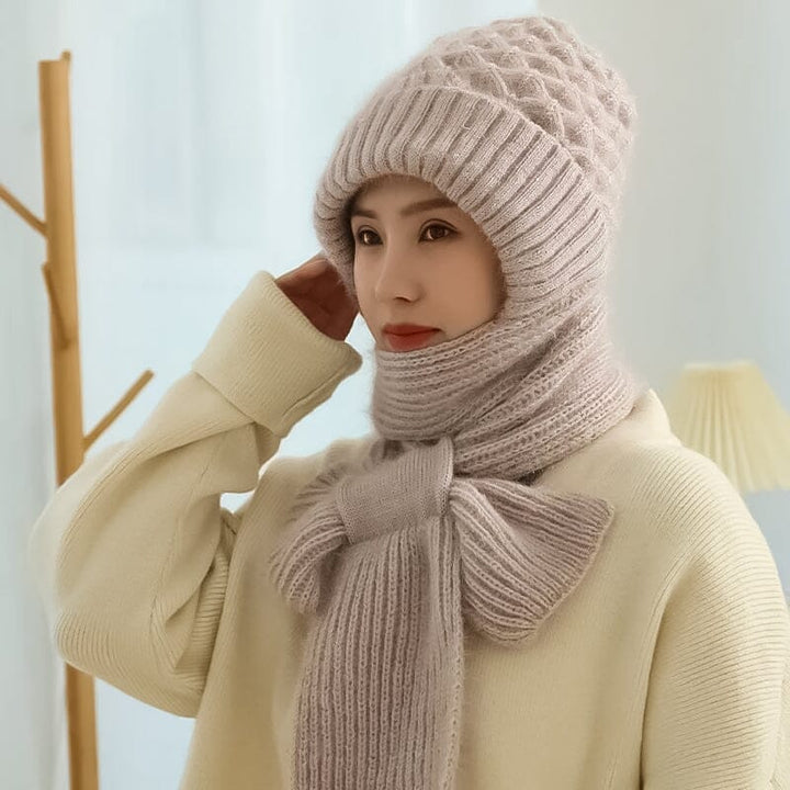 Unisex winter knit hooded scarf in purple, offering snug ear protection and full head coverage for ultimate comfort.