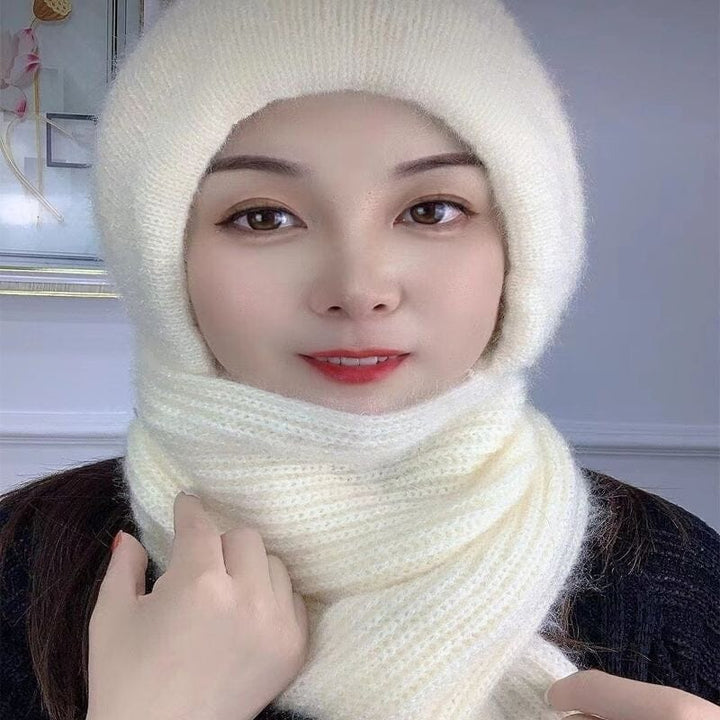 Studio shot of a unisex striped knit hooded scarf with ear protection, showcasing its modern winter design.