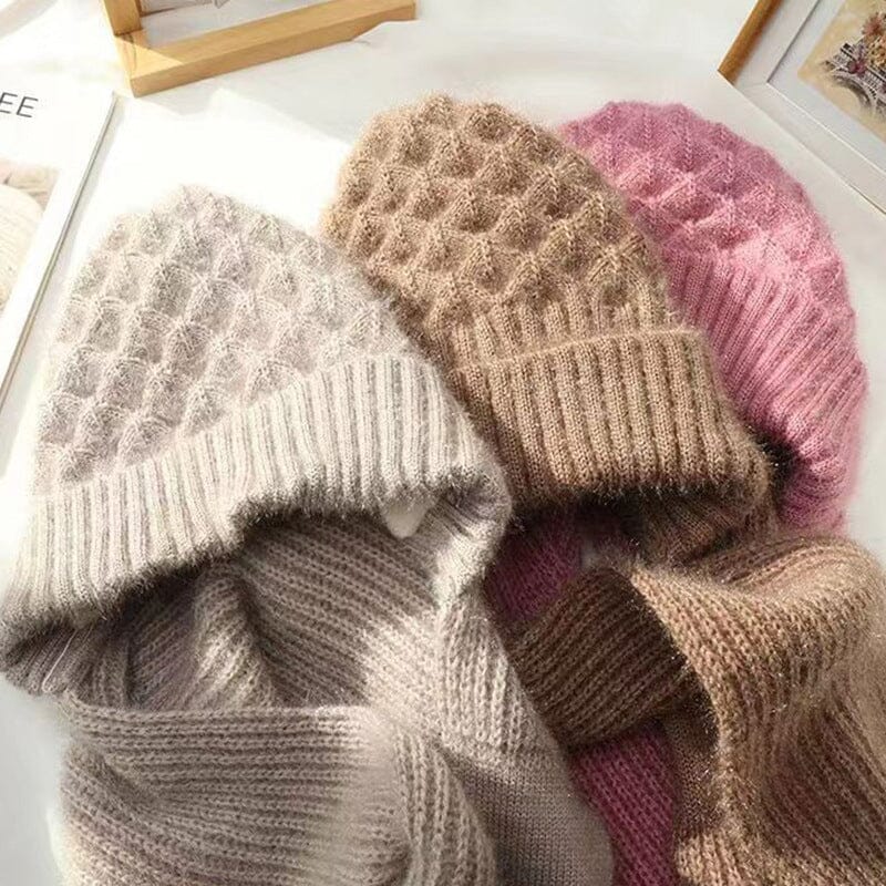 Warm knit hooded scarf, unisex, in black, designed with ear protection for outdoor winter activities.