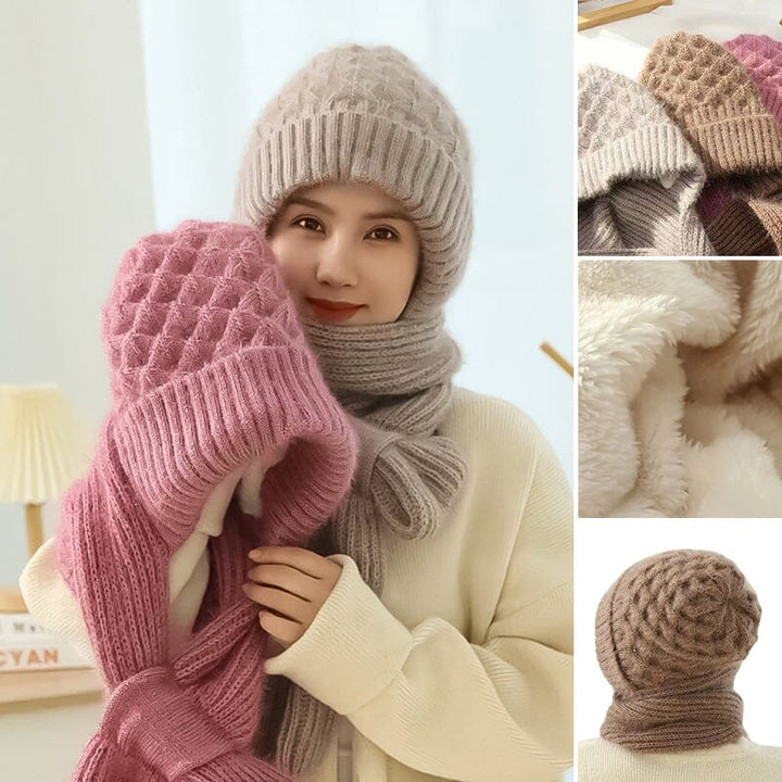 Close-up of a cozy, windproof knit hooded scarf, unisex, with integrated ear covers, ideal for winter.