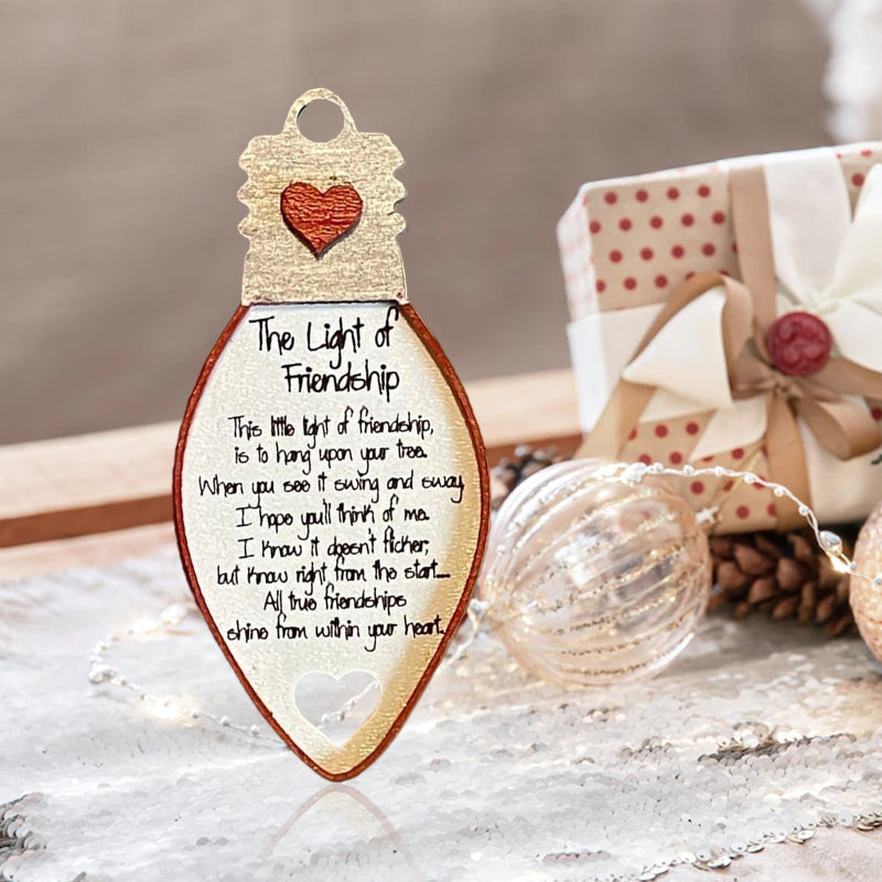 Decorative wooden friendship ornament on a shelf, a sentimental gift for cherished friends