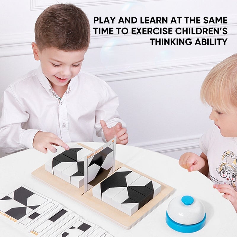 Unisex wooden geometric block puzzle, vibrant colors, close-up, promoting spatial reasoning
