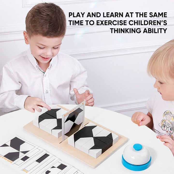 Unisex wooden geometric block puzzle, vibrant colors, close-up, promoting spatial reasoning