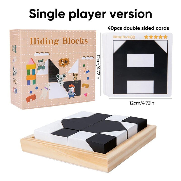 A hand picking up a colorful wooden geometric block from a puzzle, interactive educational toy