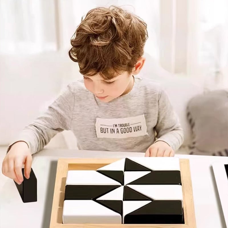Kids hand arranging colorful wooden geometric shapes into a block puzzle, educational toy