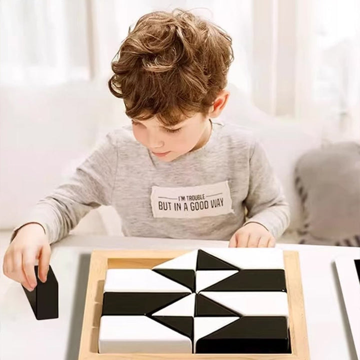 Kids hand arranging colorful wooden geometric shapes into a block puzzle, educational toy