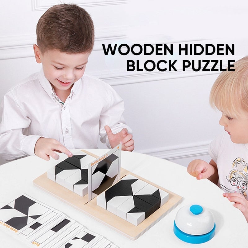 Top-down view of a wooden geometric block puzzle game, various shapes, challenging logic