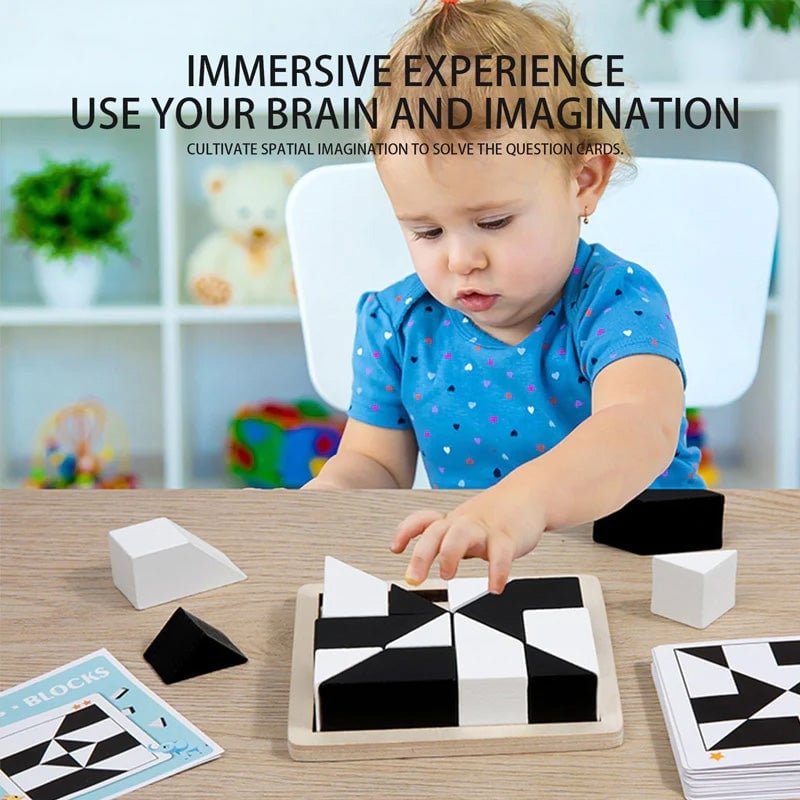 Family playing with a unisex wooden geometric block puzzle, fostering cognitive development