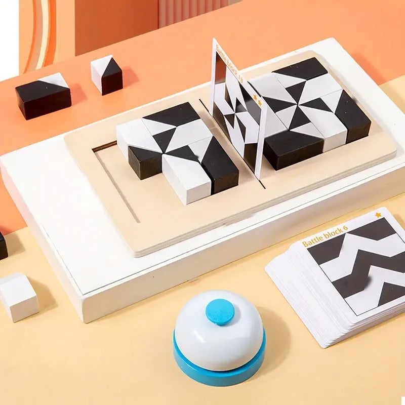 Wooden geometric block puzzle with all pieces arranged, demonstrating the solved logic game