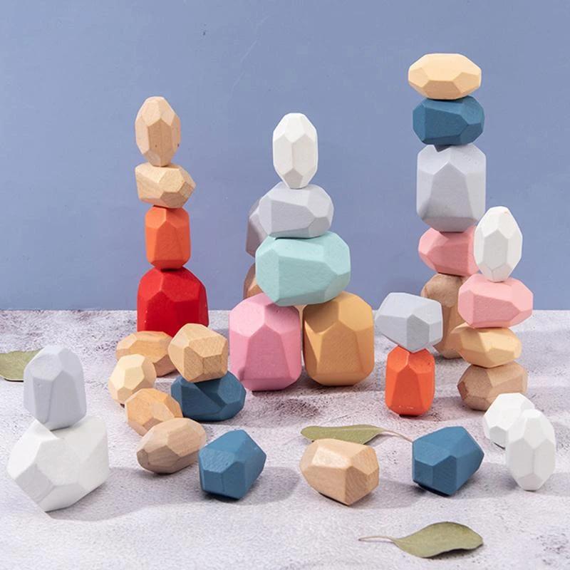 Unisex wooden stacking balancing stone blocks toy kit for kids, colorful pine wood