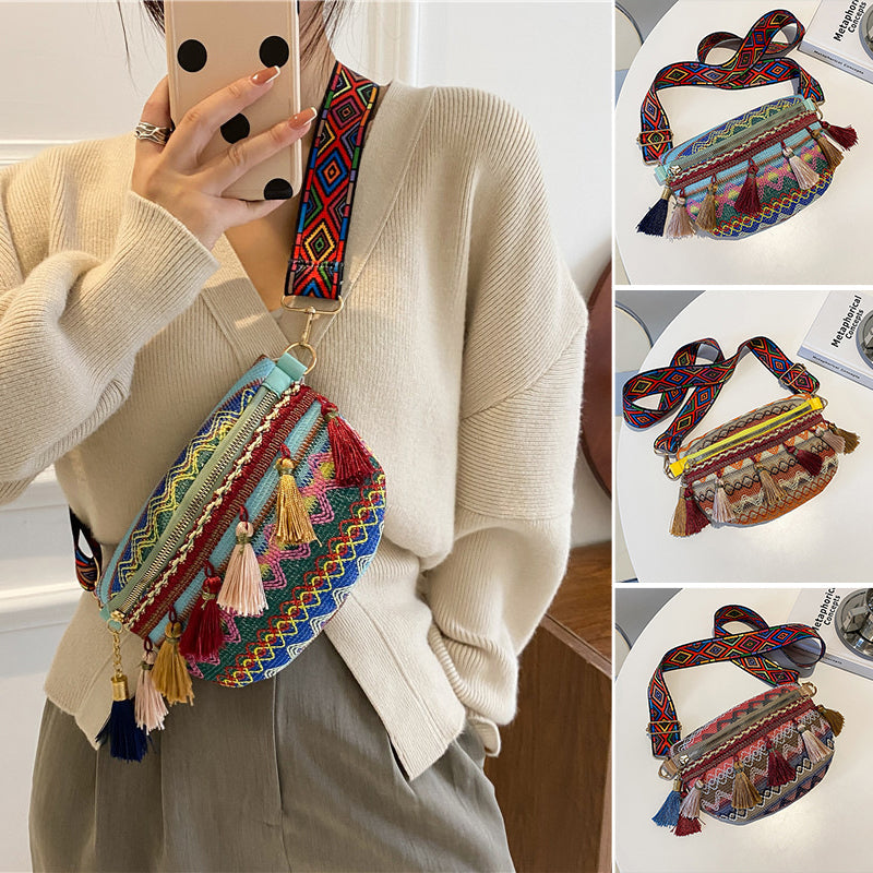 Unisex woven bohemian waist bag in vibrant colors, perfect for festivals.