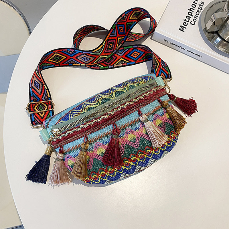 Woven bohemian waist bag, bright and colorful, designed for both men and women to wear at festivals.