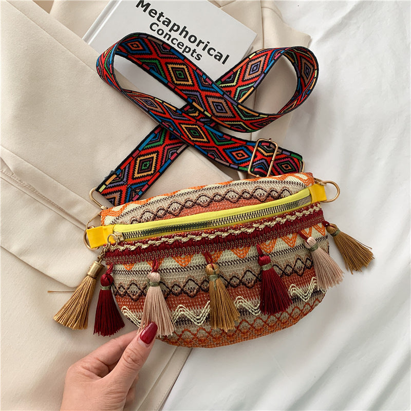 Colorful bohemian shoulder bag, handcrafted and woven, suitable for men and women.