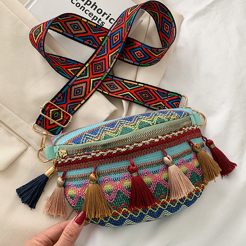 Bohemian waist bag, unisex design with vibrant woven patterns, practical for travel.
