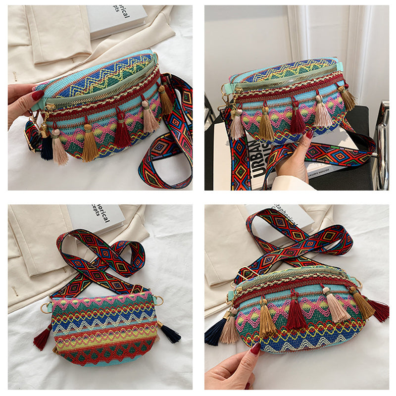 Handmade woven canvas bag, colorful and bohemian, convertible to waist or shoulder use.