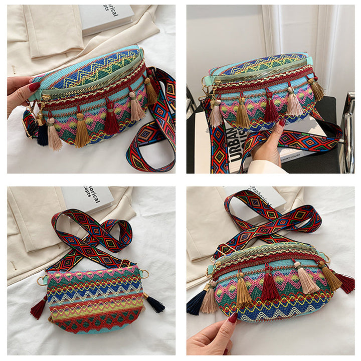 Handmade woven canvas bag, colorful and bohemian, convertible to waist or shoulder use.
