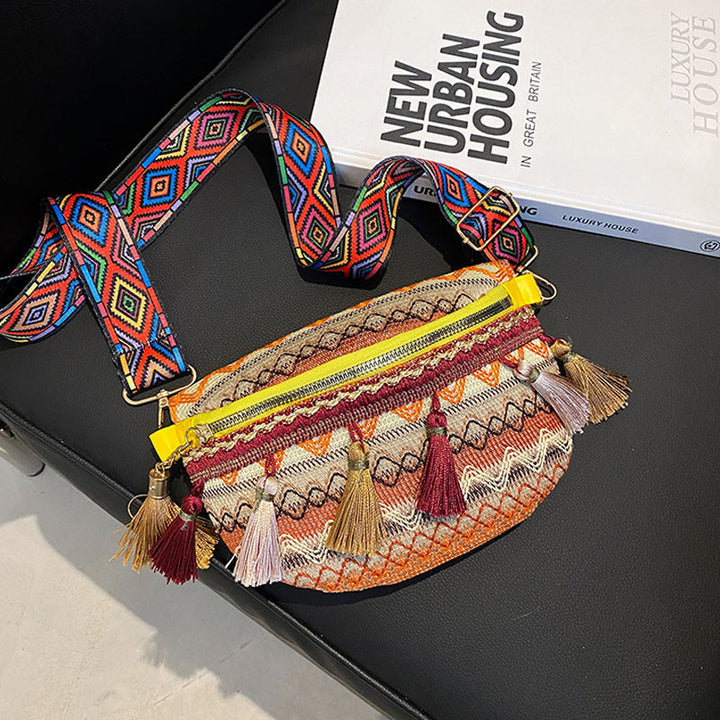 Festival-ready, colorful woven bohemian bag, adjustable for waist or shoulder wear, unisex.