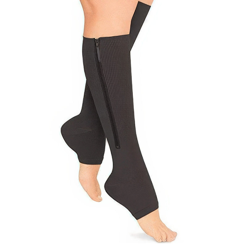 Unisex zipper compression socks for easy wear, firm 20-30 mmHg support, promoting leg relief and circulation.