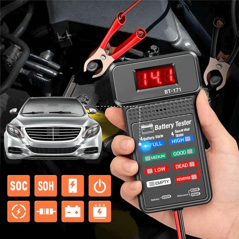Universal 12V Car Battery Health Tester for automotive diagnostics, showing clear LCD display, ideal for vehicle care.