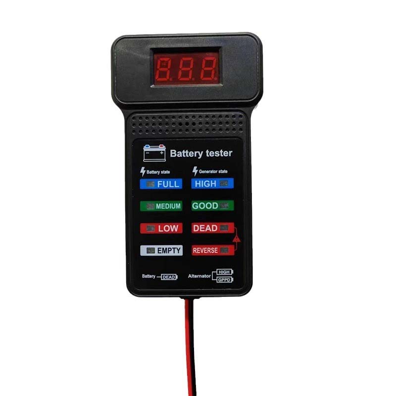 12V battery tester on a workshop bench, ready for use in car maintenance and automotive electrical diagnostics.