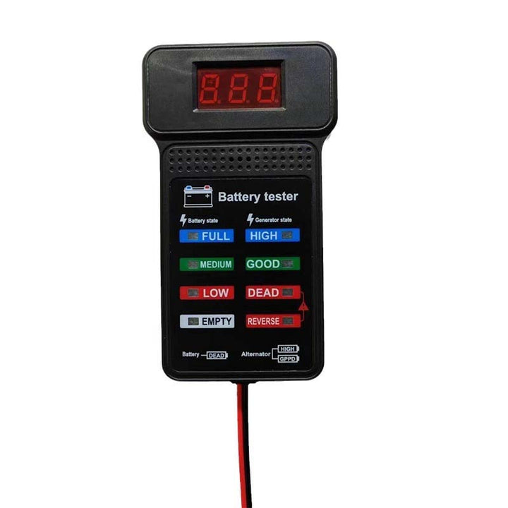 12V battery tester on a workshop bench, ready for use in car maintenance and automotive electrical diagnostics.